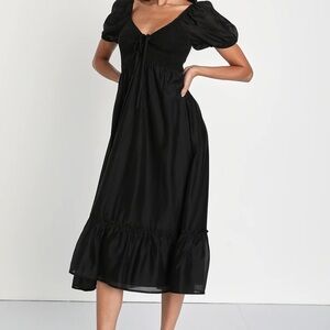 Lulu’s Inspiring Feelings Black Smocked Puff Sleeve Midi Dress Size XS